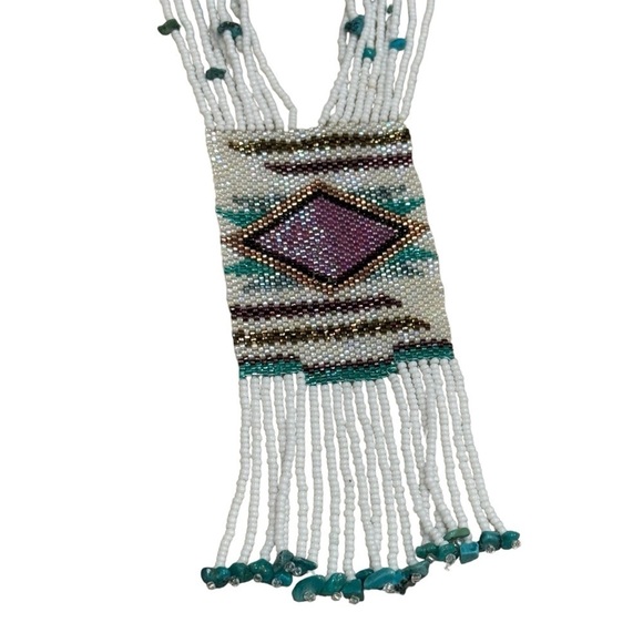 Native American White Turquoise and Purple Beaded Long Dangle Necklace - Picture 2 of 7